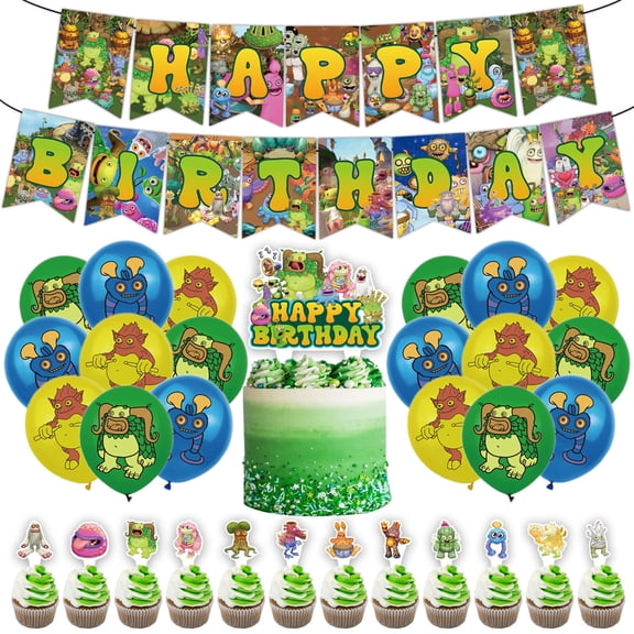 32 PCS For My Singing Monsters Cartoon Themed Birthday Party Decorations Set – Includes Banner, Cake Topper, 18 Balloons, 12 Cupcake Toppers and Party Supplies