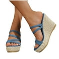 thumbnail image 4 of CQONEPT Women's Wedge Sandals Elastic Ankle Strap Platform Sandals Cutout Peep Toe Stacked Sandals for Dressy Ladies Sandals Casual Wedge Platform Sandals Summer Blue Size 6, 4 of 8