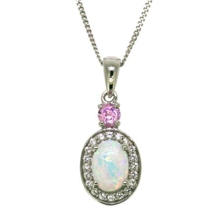 Sterling silver created opal with created pink and created white sapphire oval pendant with chain