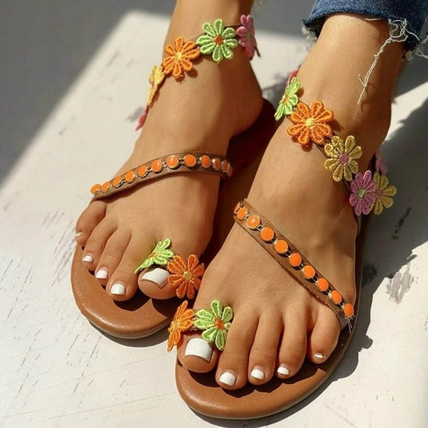 Sandalias planas romanas sin cordones para mujer con flores de moda informal de estilo nuevo de verano Wmkox8yii shjk4619