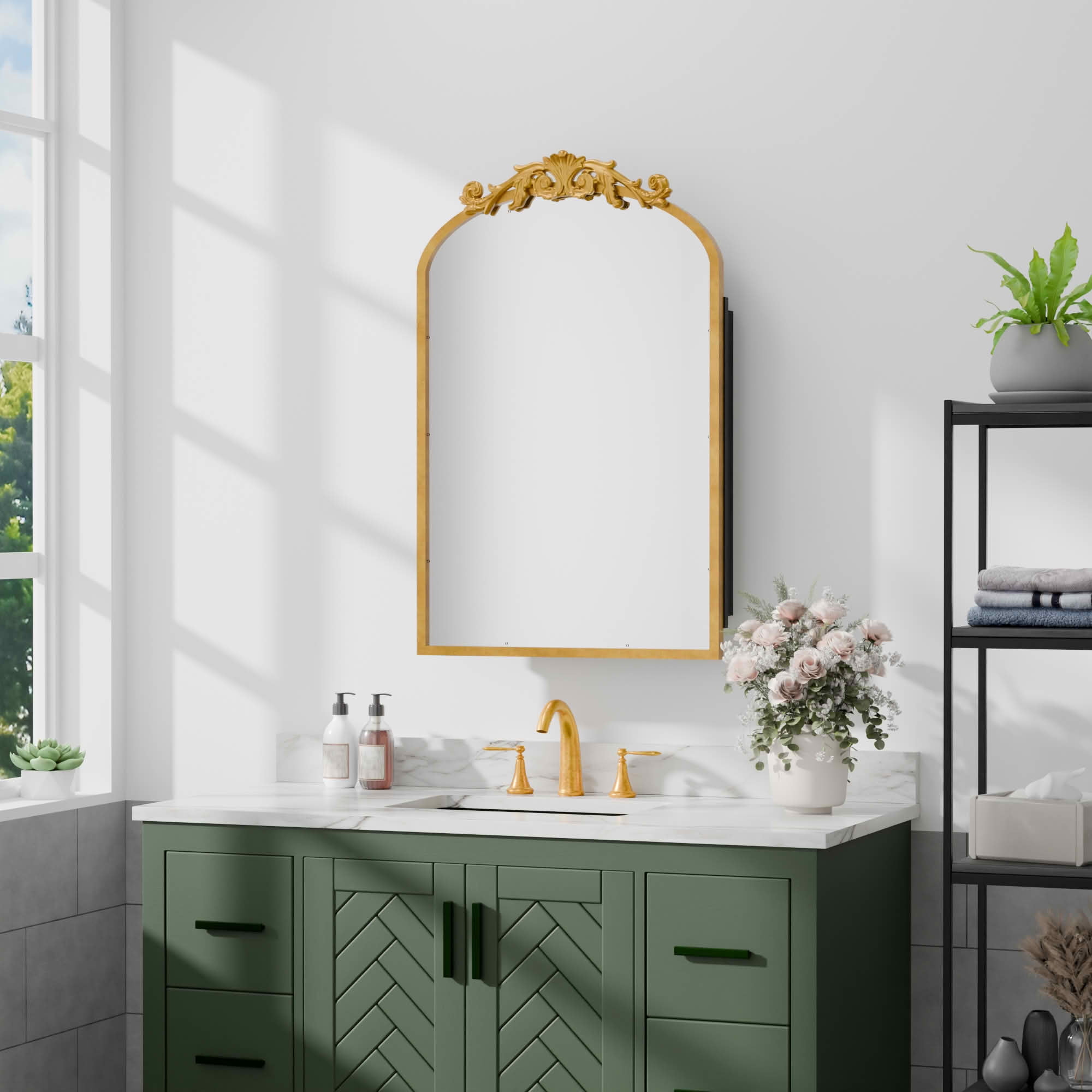 MAYEERTY 30x20x5 Inch Gold Carved Metal Arched Medicine Cabinet for Bathroom