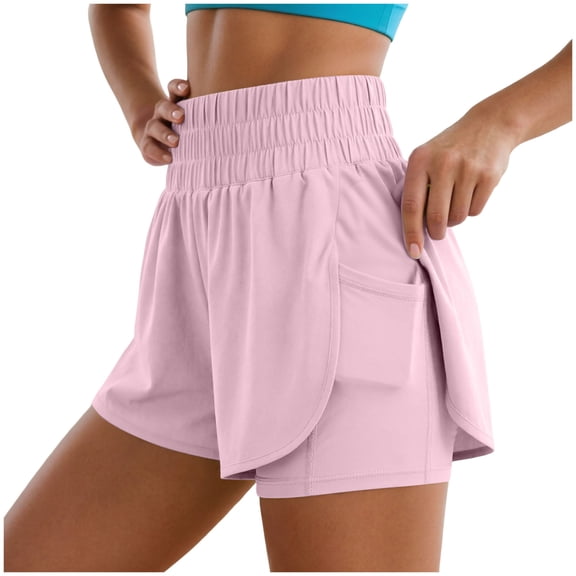 idosla Women's 2 in 1 Running Shorts High-Split Athletic Short High Waisted 3" Liner Workout Gym Short with Pockets (Pink, XL)