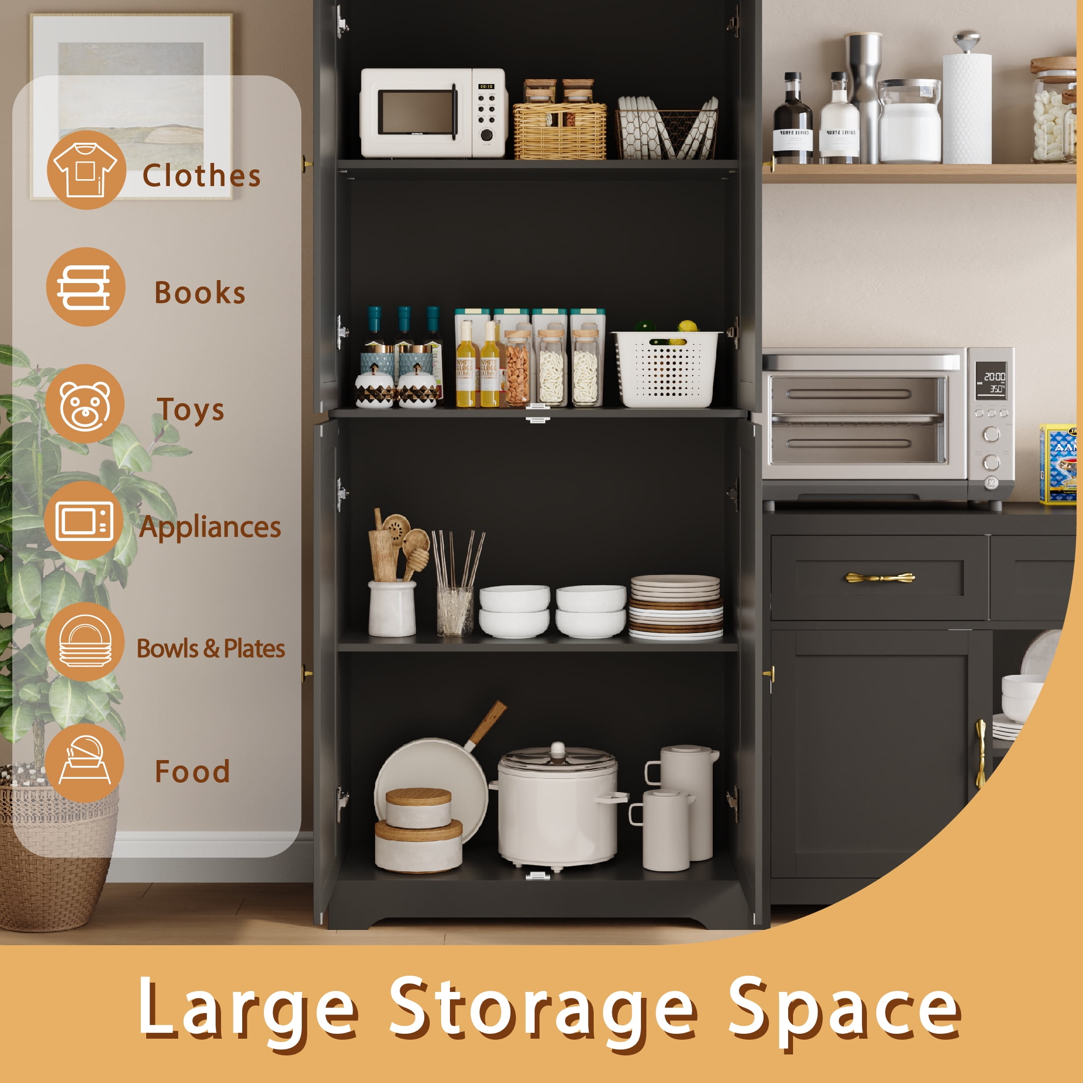 YouTrend 72'' Farmhouse Kitchen Pantry Cabinet with 4 Barn Doors,Storage Cabinet W/ 4 Shelves for Living Room,Kitchen,Bathroom,Office,Black