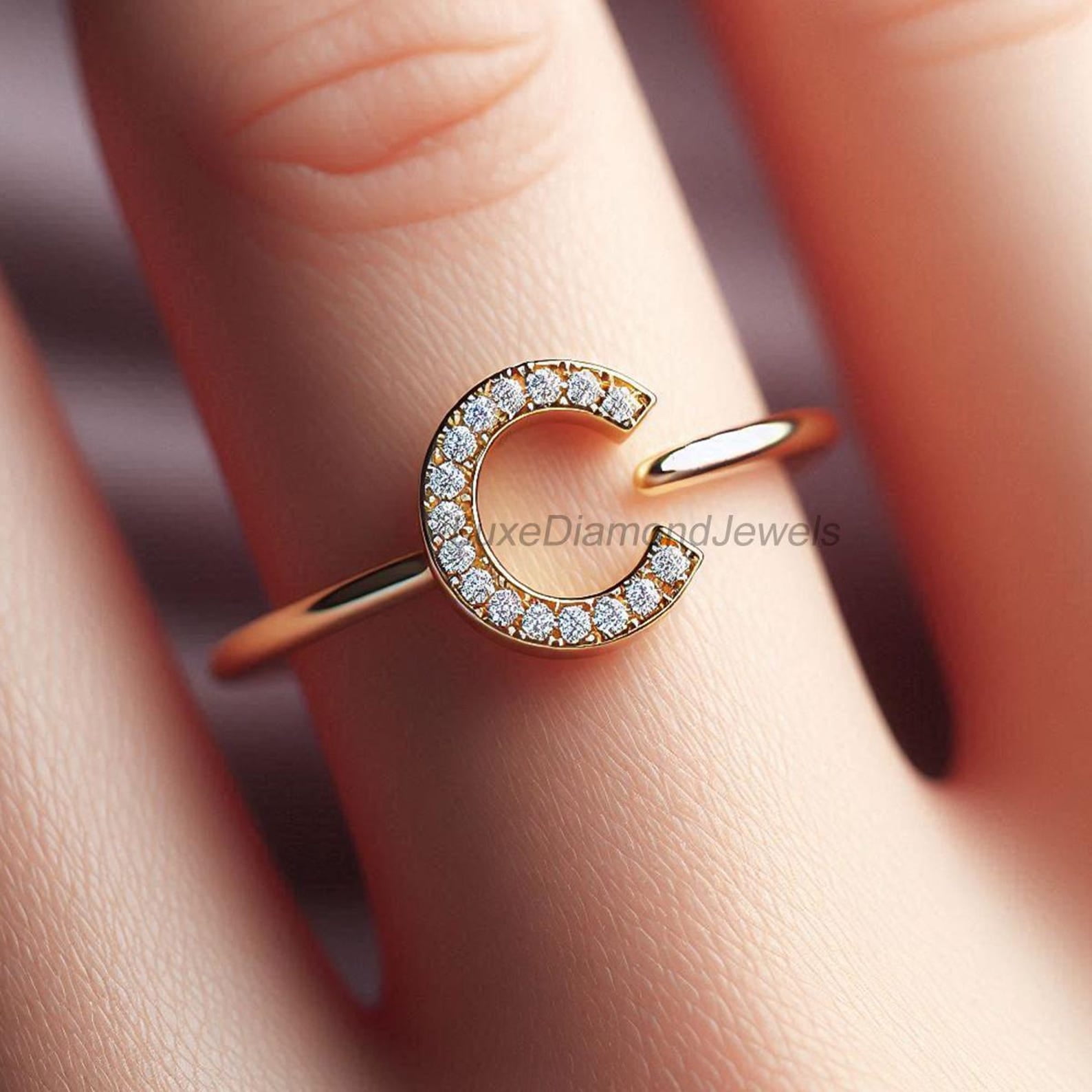 C Diamond Initial Ring, Custom Initial Ring, Initial Jewelry, Monogram Ring, Personalized Diamond Silver Ring, Birthday Gift, C letter Ring