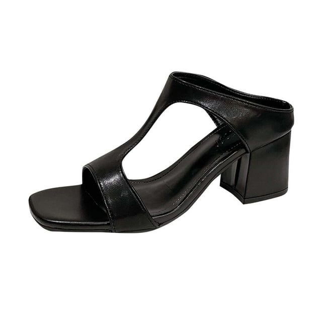 Heel Sandals for Womens Slide Sandals Block Chunky Heel Peep Toe Side Cutout Leather Slide Sandals Black