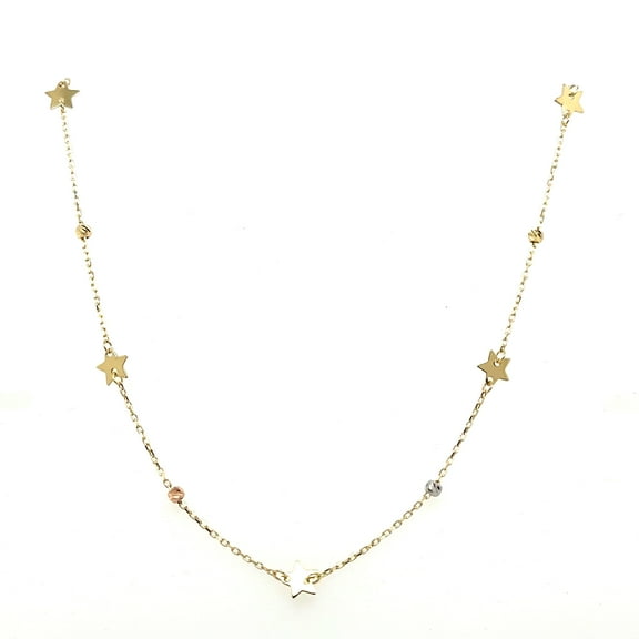 14K Real Solid Gold Bead & Star Station Necklace, 16" Inch, Perfect for Layering