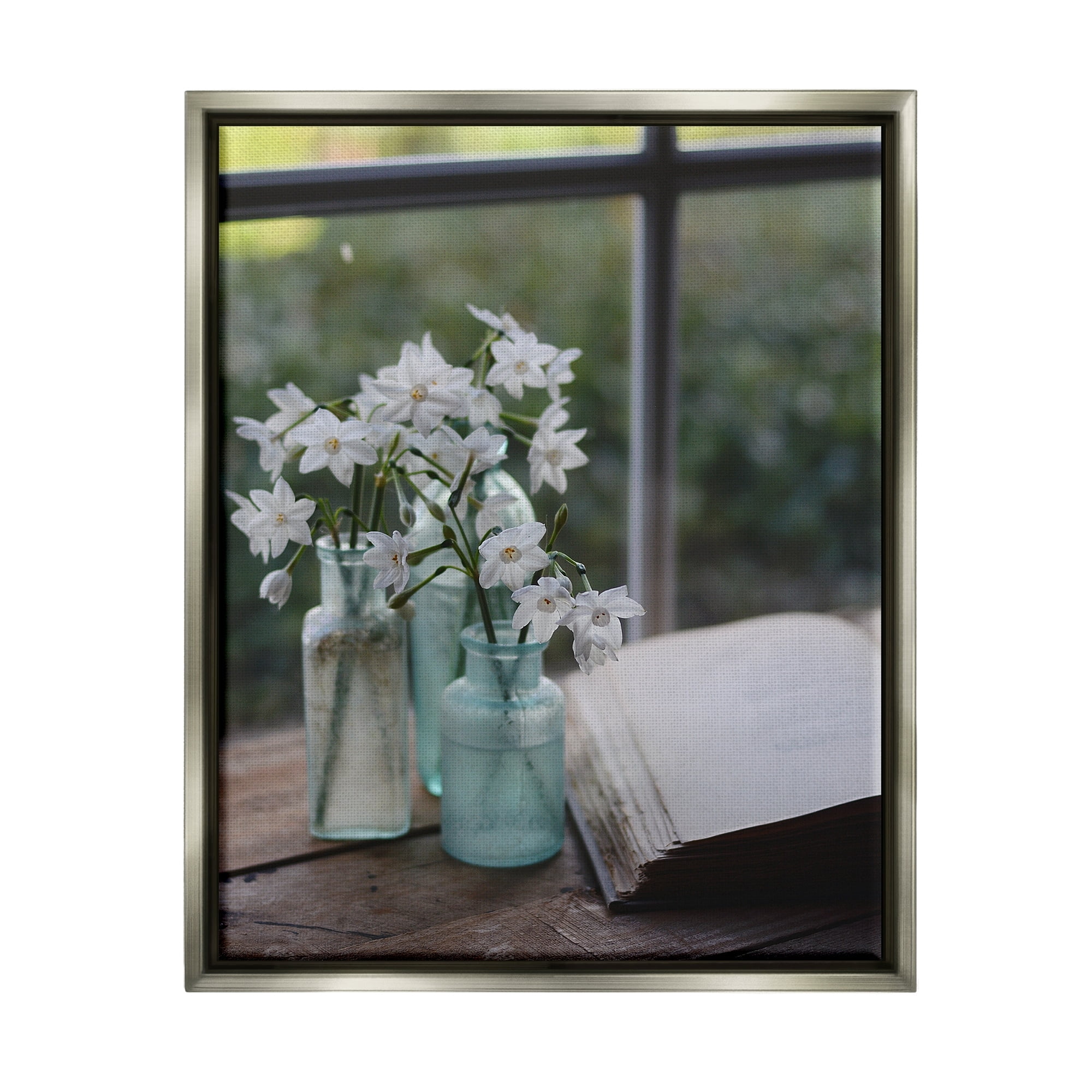 Stupell Industries Delicate White Flowers Cottage Window Book Pages Photograph Luster Gray Floating Framed Canvas Print Wall Art, Design by Claire Brocato