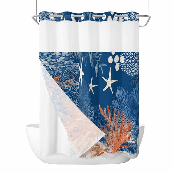 No Hook Orange Navy Blue Coral Shower Curtain with Snap in Liner Set, Summer Beach Coastal Ocean Starfish Waterproof Bathroom Curtains with See Through Top Window, Hotel Style Stall 48 x 72 Inch