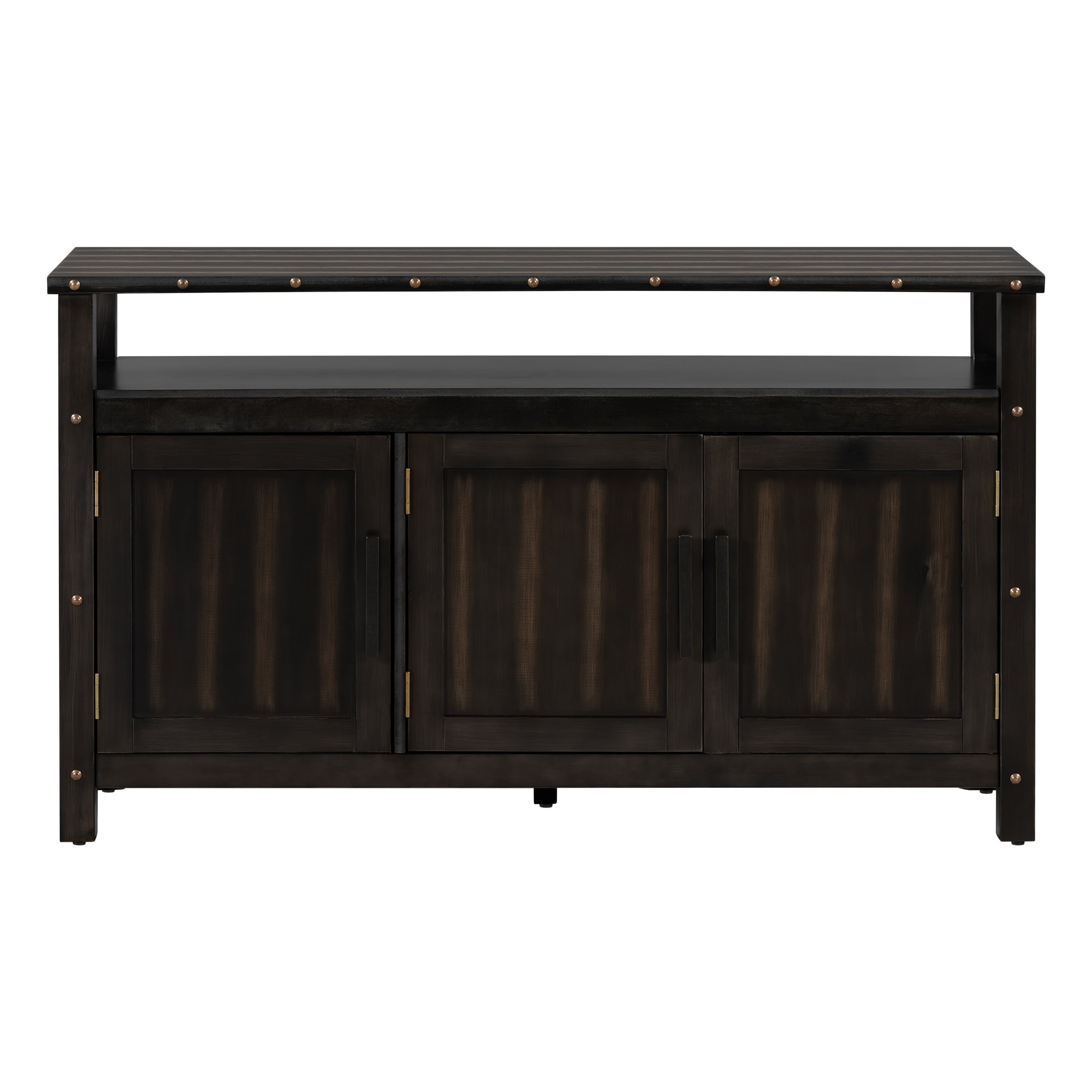 55.1"Pine Wood Buffet Cabinet With 3-door Storage, Sideboard Cabinet with Dual Storage areas,Coffee Bar With Metal Handles And Exposed Metal Rivets For Dining Room, Kitchen, Living Room