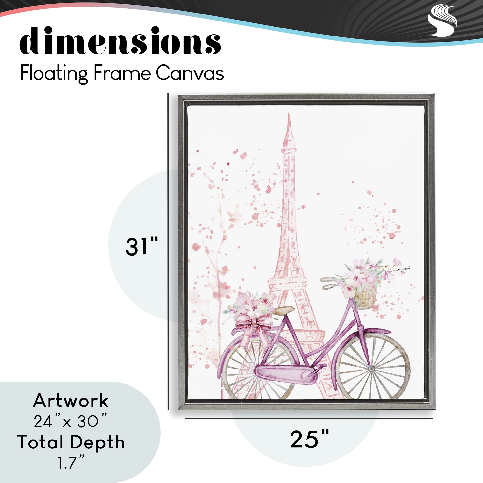 Parisian Bicycle & Modern Splatter Gray Framed Floater Canvas Wall Art, design by Kim Allen