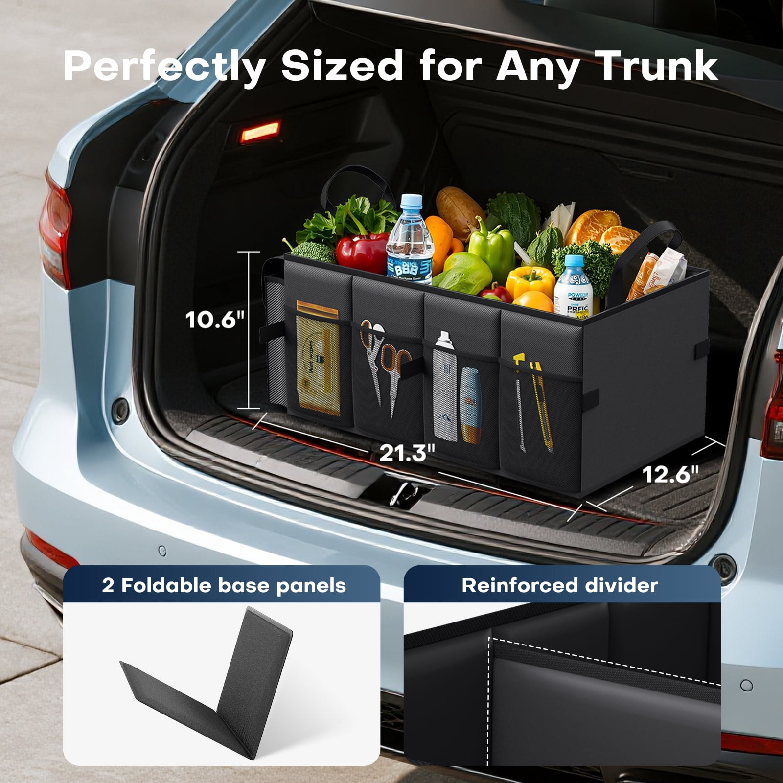 HOTOR Trunk Organizer for Car and SUV - Large-Capacity Car Organizer with Multiple Compartments, Foldable Car Organization for Car Accessories, Tools, Sundries, Black