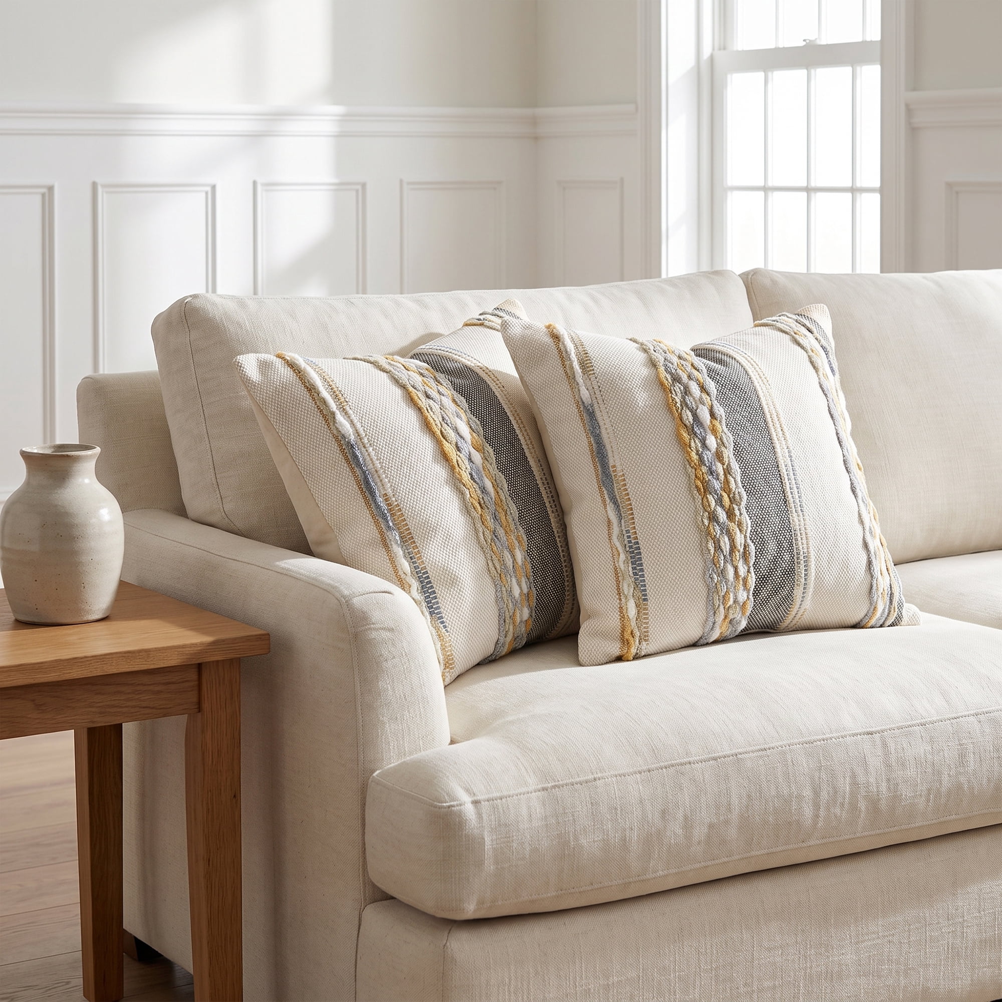 Unique Bargains 3D Chenille Tufted Throw Pillow Cover Grid Stripe Case Grey Yellow 18"x18"