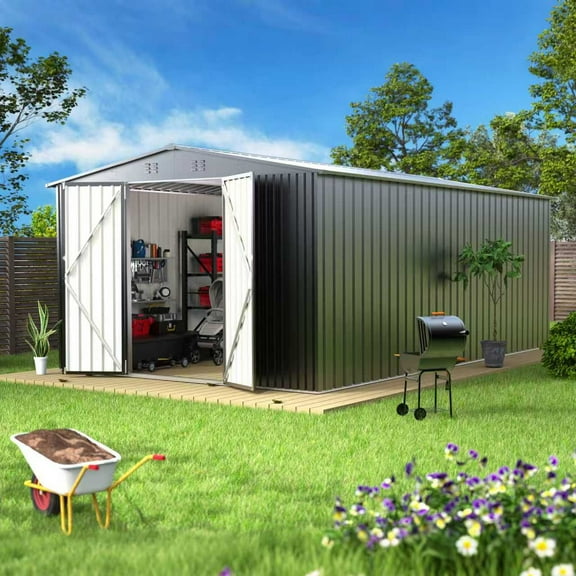 EasyHawk 10 ft x 14 ft Heavy-Duty Steel Outdoor Storage Shed with Lockable Doors for Backyard Use