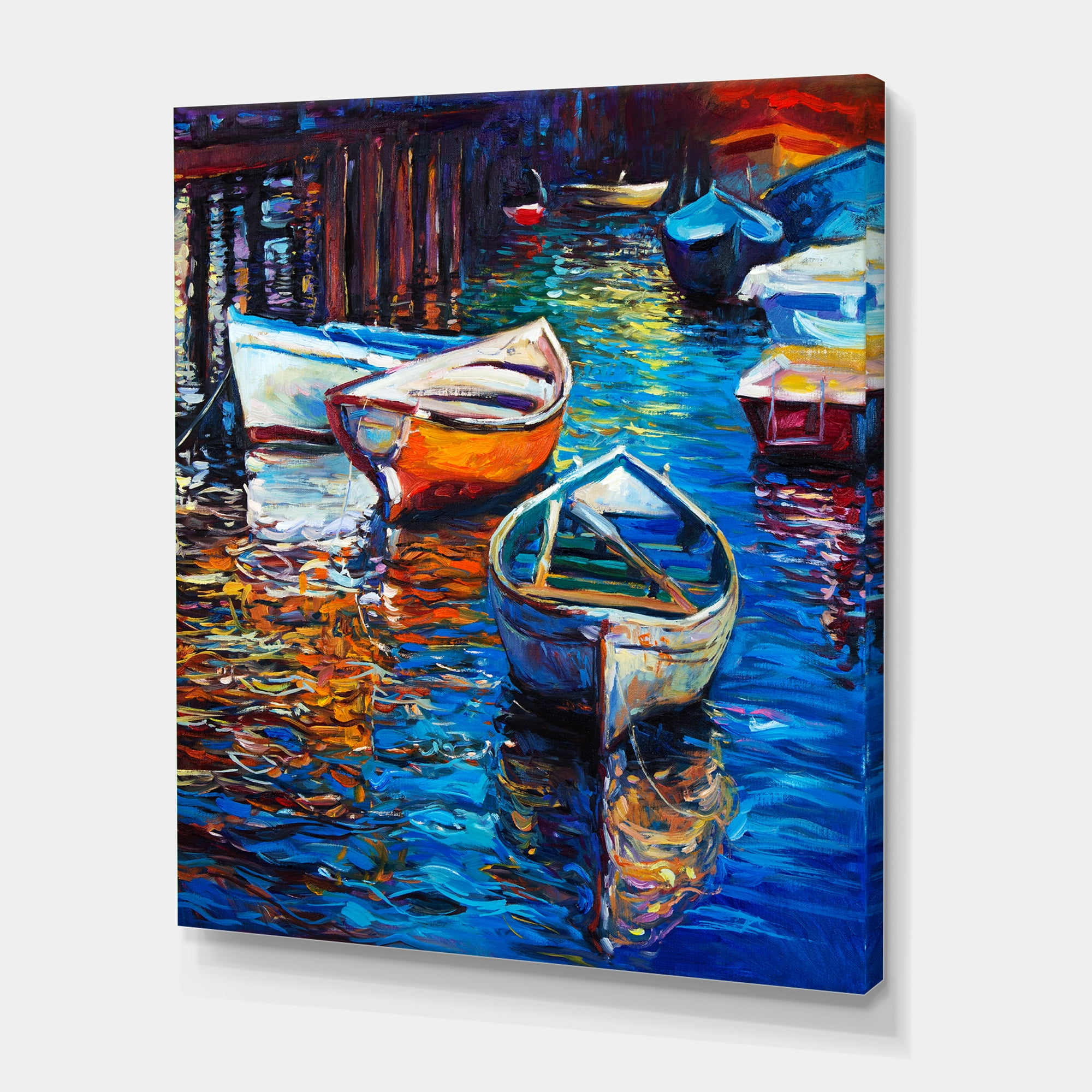 Designart ' Boats During Warm Sunset Resting On The Water X ' Nautical & Coastal Canvas Wall Art Print