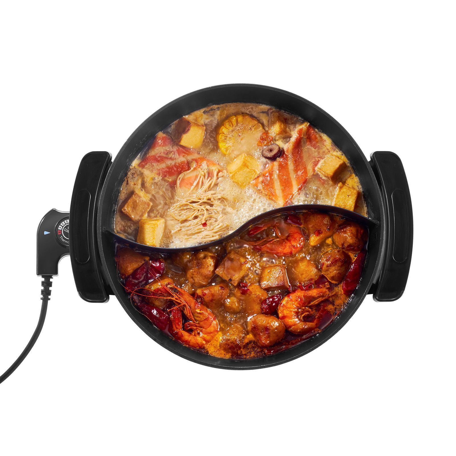 5L Dual-Flavor Electric Hot Pot, 1360W, Stepless Temperature Control, Non-Stick Cast Aluminum, Divided Cooker with Glass Lid, for 6-10 People, Home Hot Pot & Grilling
