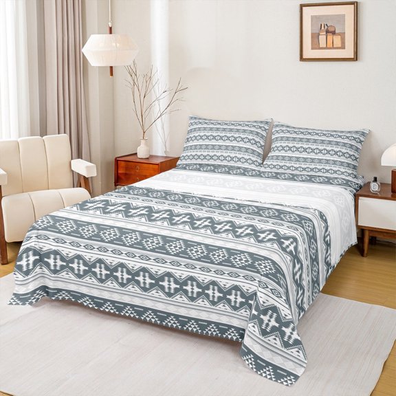 jejeloiu Ancient Aztec Theme Twin Sheet Sets,Boho Bohemian Geometric Twin Fitted Sheet,Lightgreen White Flat Sheet For Men Women,Microfiber Bedroom Decorative,3pcs