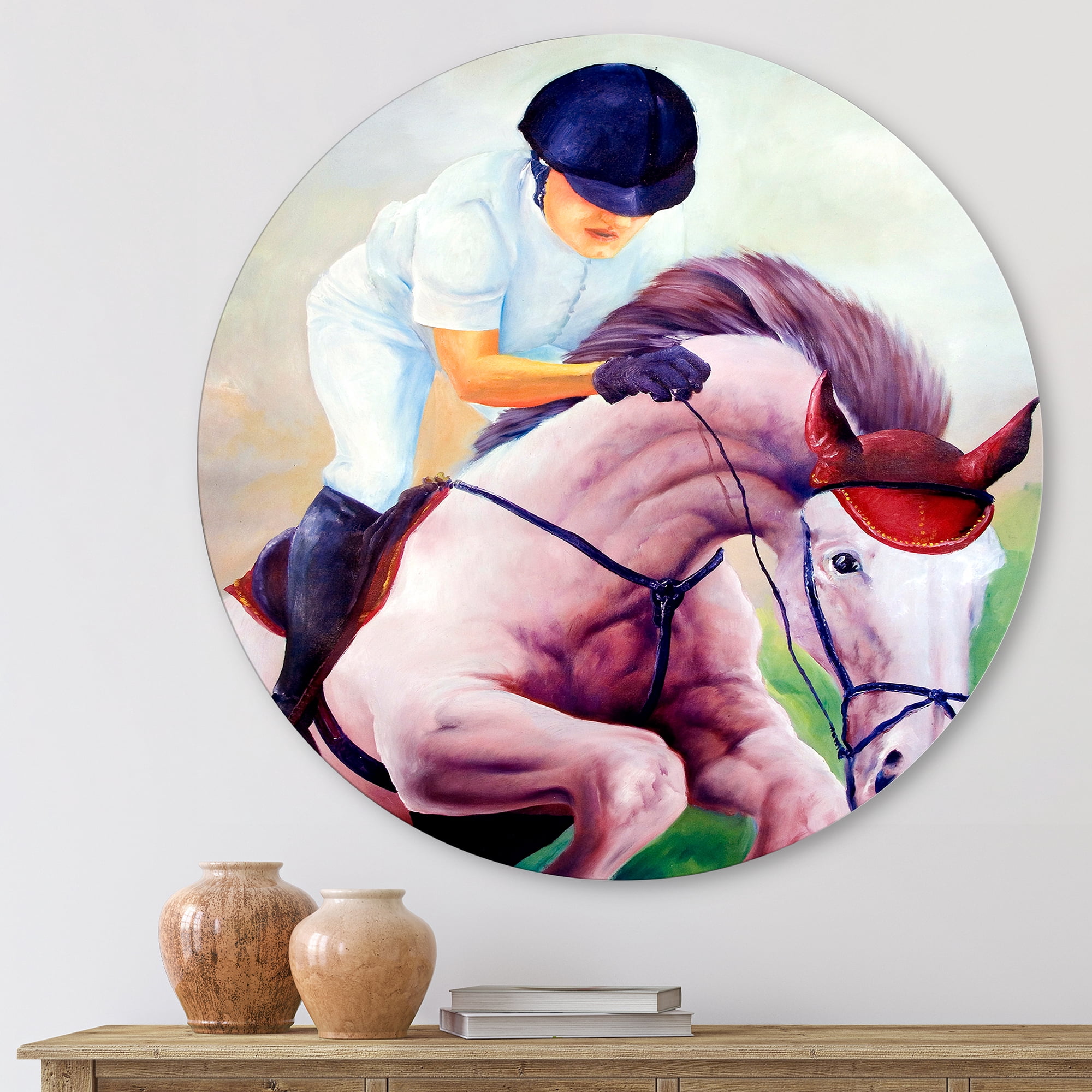 Designart 'Jockey On Galoping Pink Horse' Farmhouse Circle Metal Wall Art 11x11 - Disc of 11