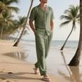 thumbnail image 2 of mihongmao Summer Mens 2 Piece Outfits Workout Man Style Solid Color Casual Fashion Flip Collar Short Sleeve Linen Shirt Drawstring Waist Long Pants Beach Sets Army Green L, 2 of 5