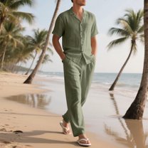 Awdenio Men Two Piece Outfits Sets. Solid Color Casual Fashion Flip Collar Short Sleeve Linen Shirt Drawstring Waist Long Pants Beach Sets