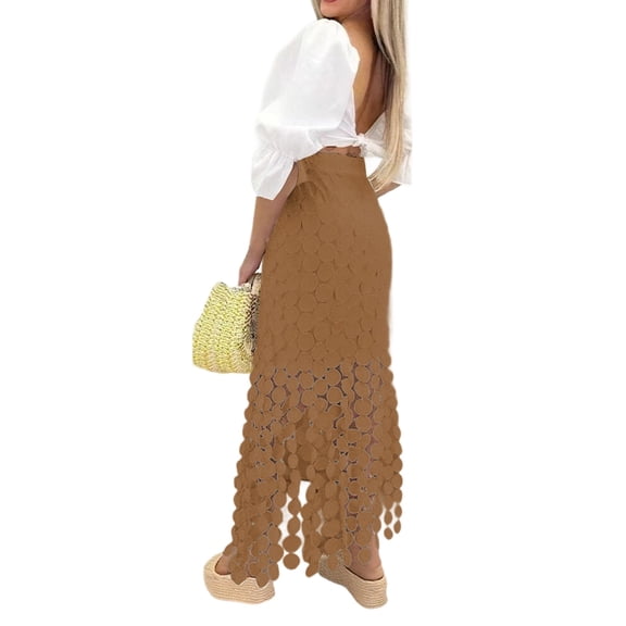 QHFBli Maxi Skirts for Women Boho Tiered Eyelet Elastic High Waist A-Line Summer Casual Flowy Beach Vacation Long Skirt