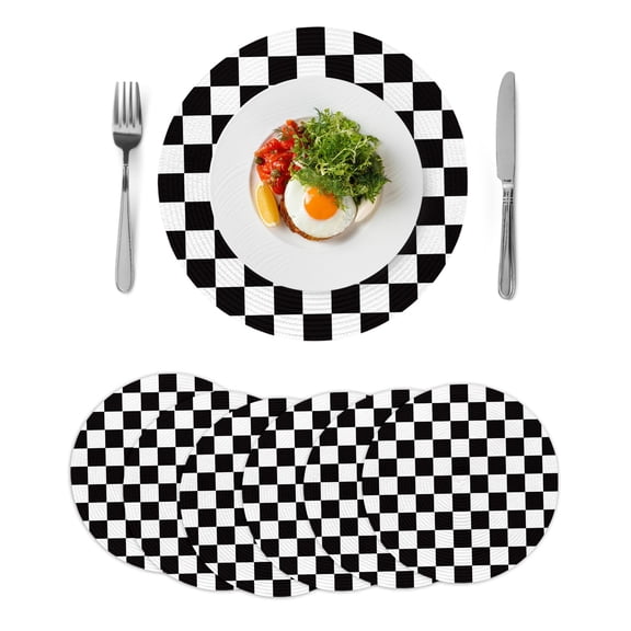 Round Woven Placemats set of 6, Black And White Checkered Plaid Washable&Heat Resistant Plastic Wipeable Placemats for Round Table Classic Geometric Pattern Kitchen Dining Table Decor, 15in,