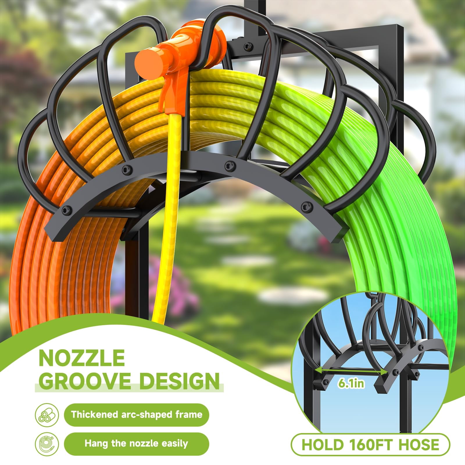 Yacona Garden Hose Holder with Light, Water Hose Holders for Outside with Shepherds Hooks, Freestanding Water Pipe Stand, Black
