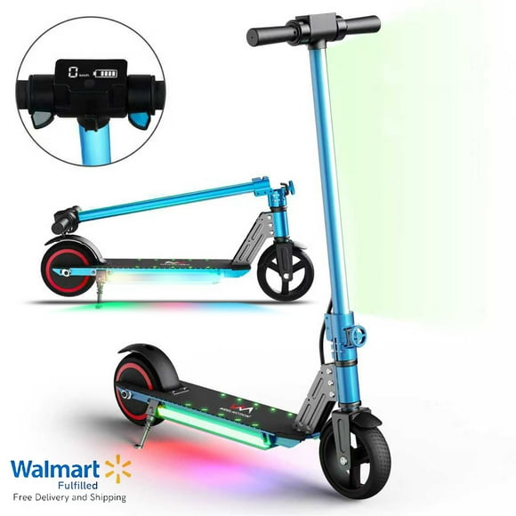 WEELMOTION Classic Blue Foldable Electric Scooter for Kids, 150W Motor, Front Bar Light, Big LED Display, Dual Brake System, Multicolor Shining Lights on Pedal- UL2272 Certified
