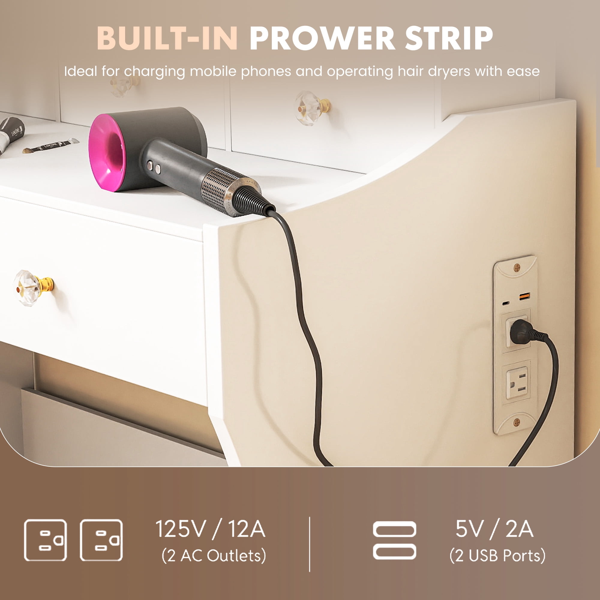 LUCKLIFE White  Vanity Desk with Mirror and Lights, 5 Drawers & Charging Station, Vanity Table and Chair Set