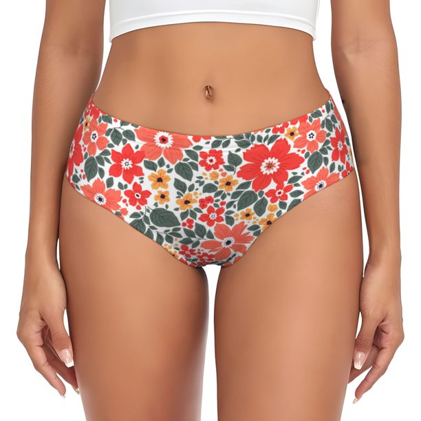 Fotbe Small Coral Red Flowers Calzones Estampados para Mujer – Ropa Interior de Algodón, Cómoda, Suave y Elástica-Medium