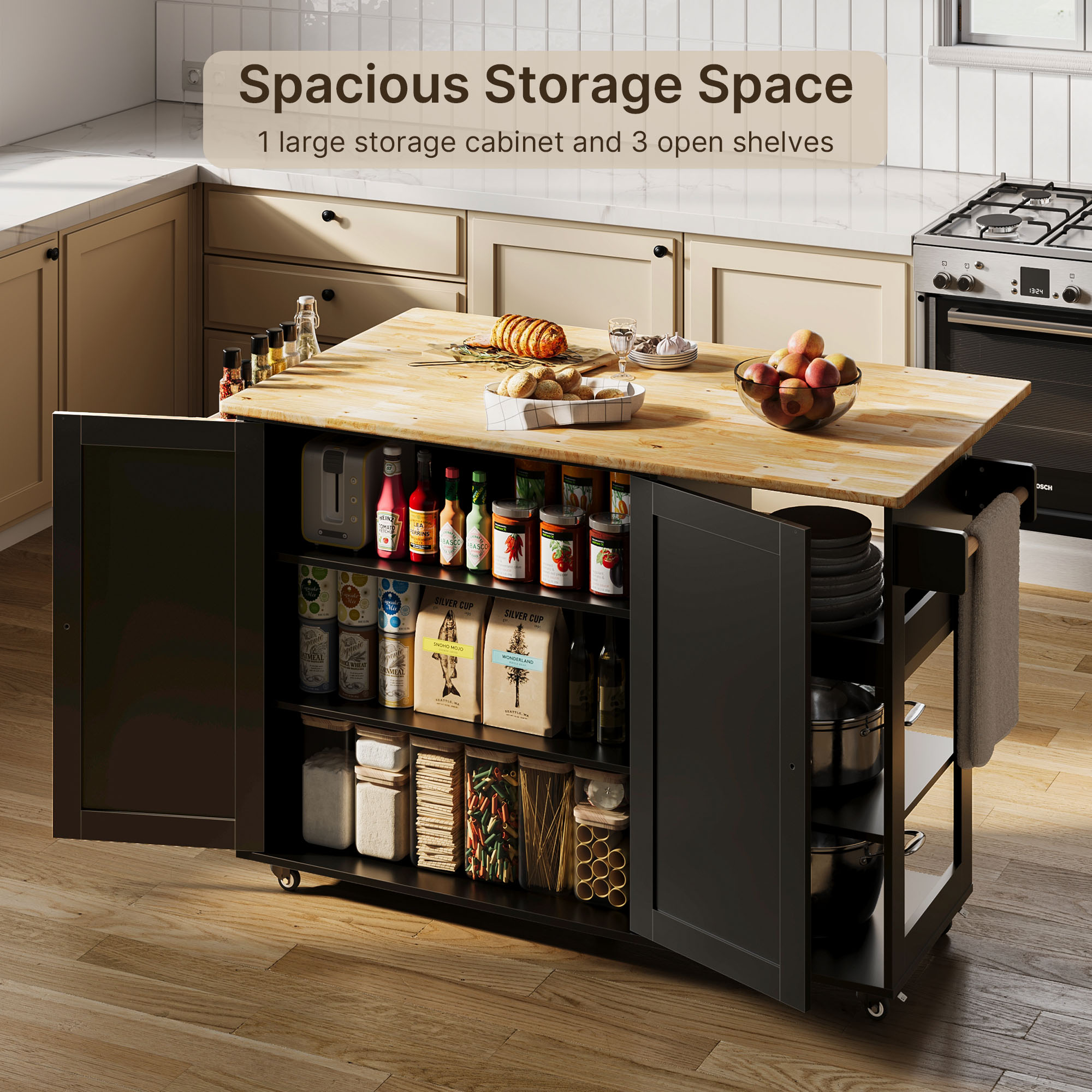 Kitchen Island with Storage, Lofka 41.7” Kitchen Island Cart with Drop Leaf, 1 Removable Tray, 2 Shelves, 1 Cabinet, Black