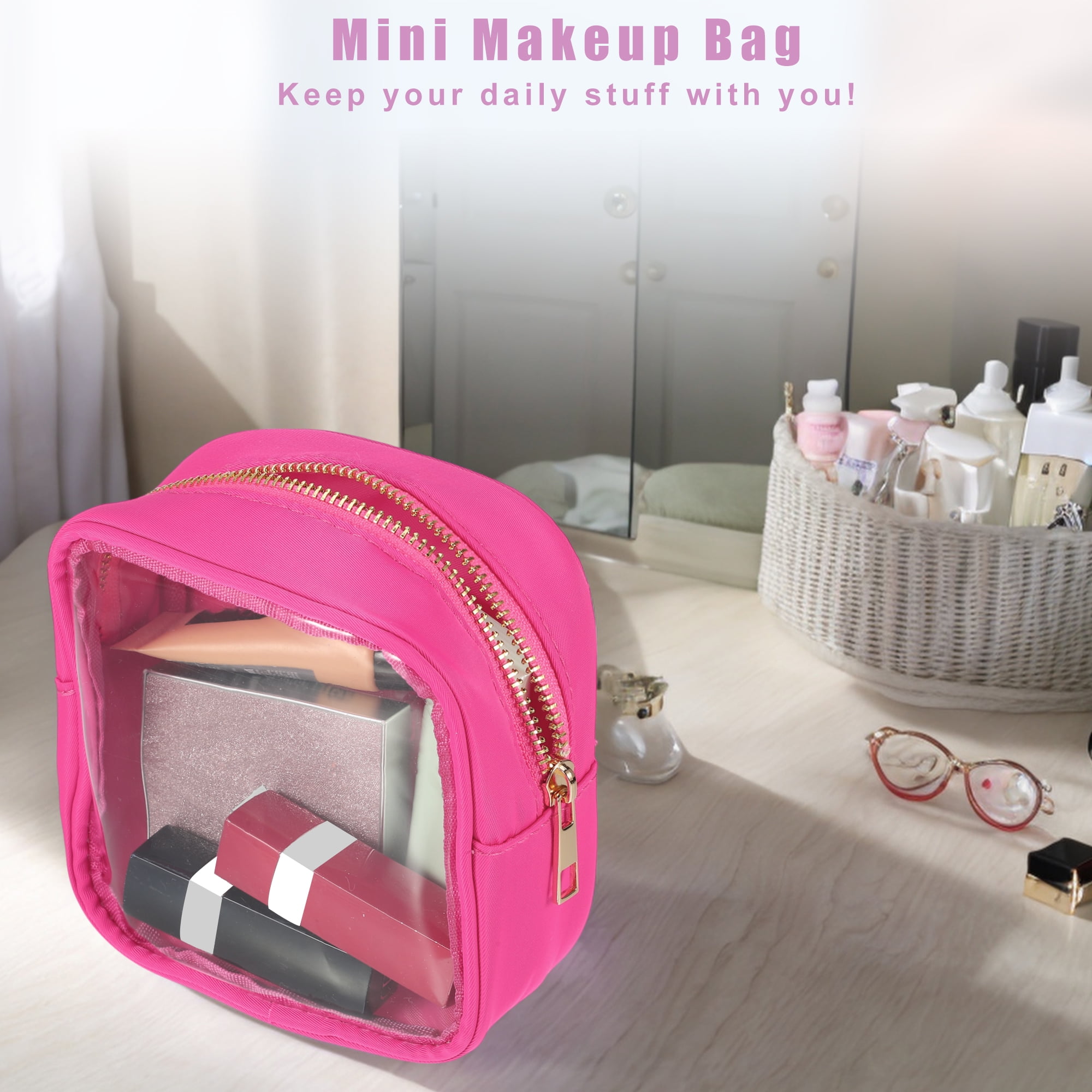 Unique Bargains 1Pc Clear Mini Waterproof Storage Makeup Bag Transparent Rose Red