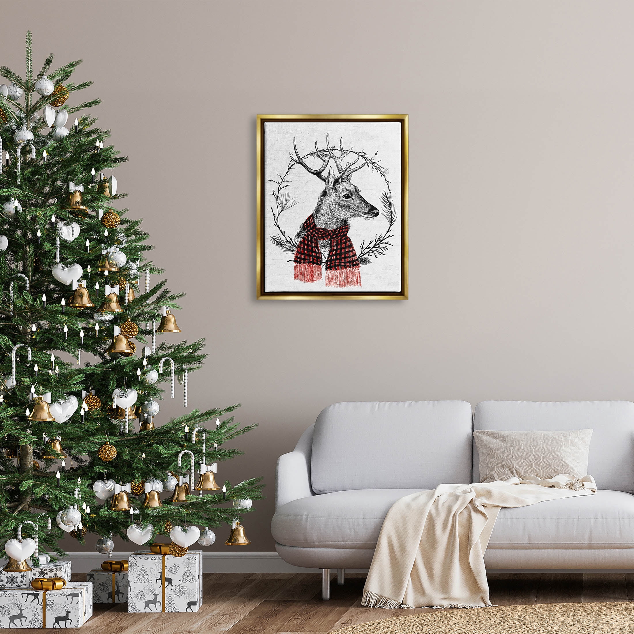 Stupell Industries Deer Winter Botanical Wreath Graphic Art Metallic Gold Floating Framed Canvas Print Wall Art, Design by Lettered and Lined