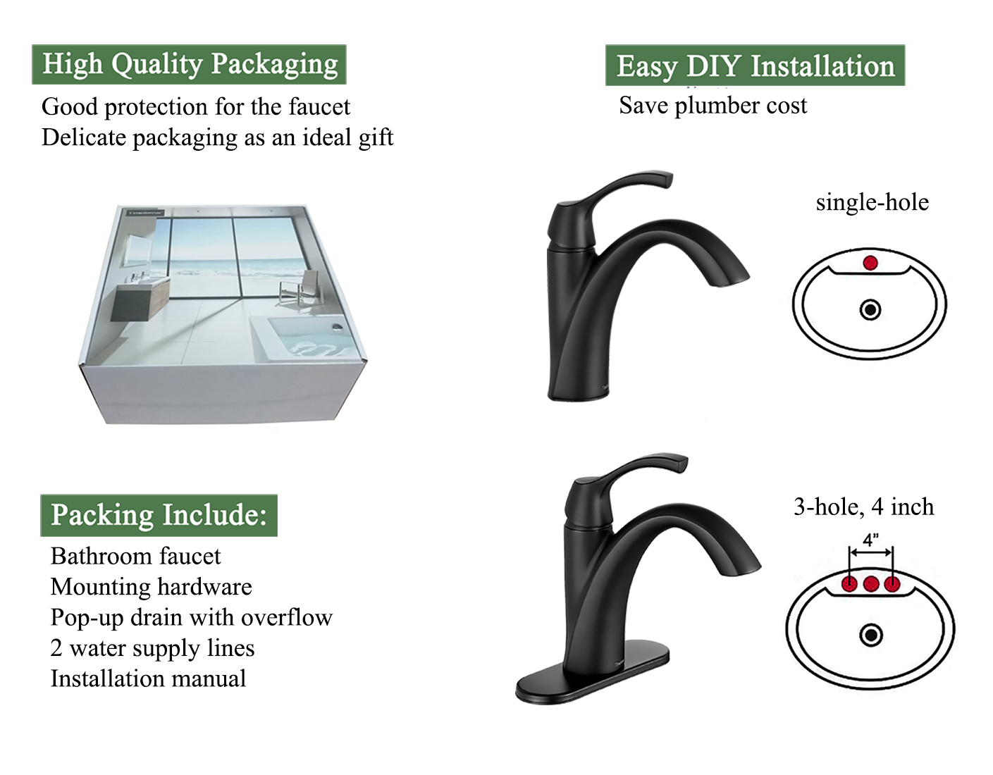 TimeArrow Bathroom Sink Faucet Matte Black, Single Handle Bathroom Faucet for 1 Hole with 3 Holes Deck Plate, Lavatory Vanity Faucet, Pop Up Drain and Water Supply Lines Included, TAF206-MB