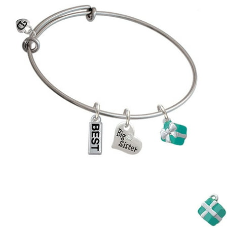 Small 3-D Teal Present with Bow Big Sister Heart Expandable Bangle