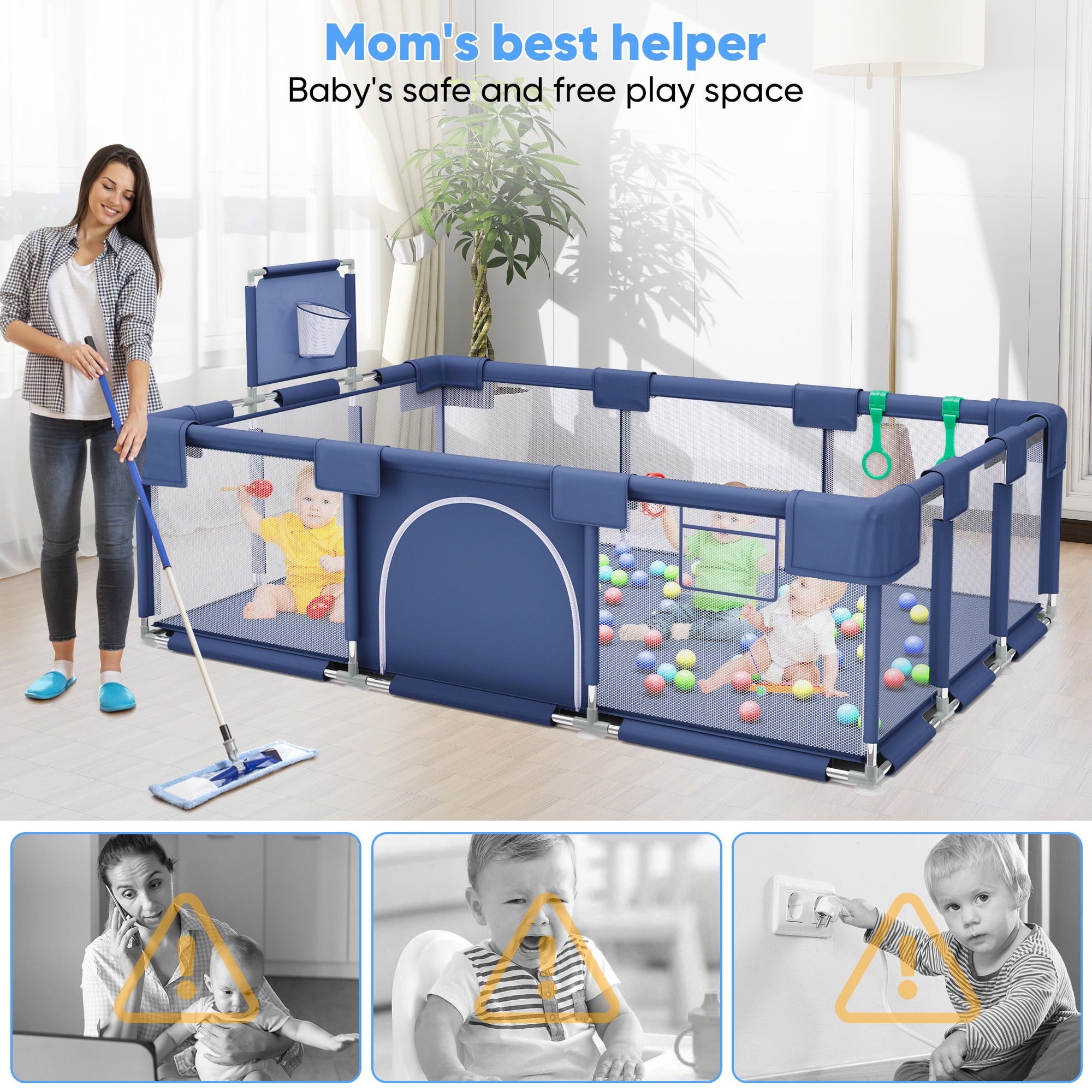 babyeap Baby Playpen,73 Inch Extra Large Baby Playard,Playpen for Babies and Toddlers With Basketball Hoop,Children Kids Play Fence for Indoors Outdoors,Blue