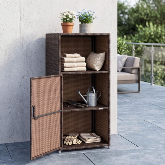 Outdoor Pe Wicker Storage Cabinet with Door and Open Shelf for Patio, Brown