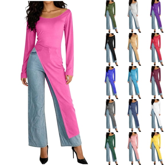 THDHVS Long Sleeve Dress for Women,Womens Dresses,Solid Color Long Sleeve T Shirt Dress with Asymmetric Hem for Yoga or Casual Khaki