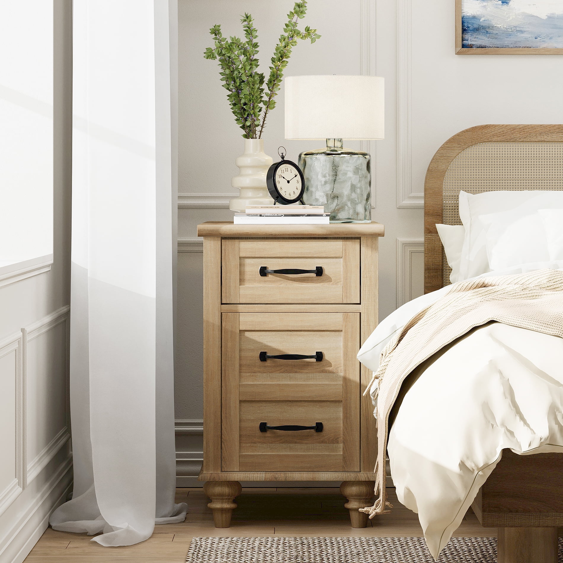 Oak End Table with Charing Staion, Narrow Nightstand Side Table with Drawer for Living Room