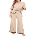 thumbnail image 3 of Womens Tricot 2 Pièces Pull Ensembles Manches Courtes Tops Taille Élastique Large Pantalons Lounge Set, 3 of 7