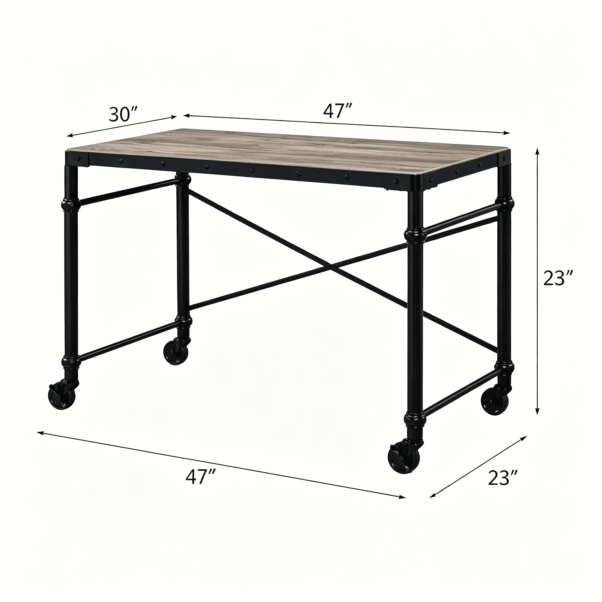 Industrial Writing Desk with Wheels, 47 in Wooden Tabletop, Metal Frame, 70 lb Weight Limit, Mobile Home Office Study Desk
