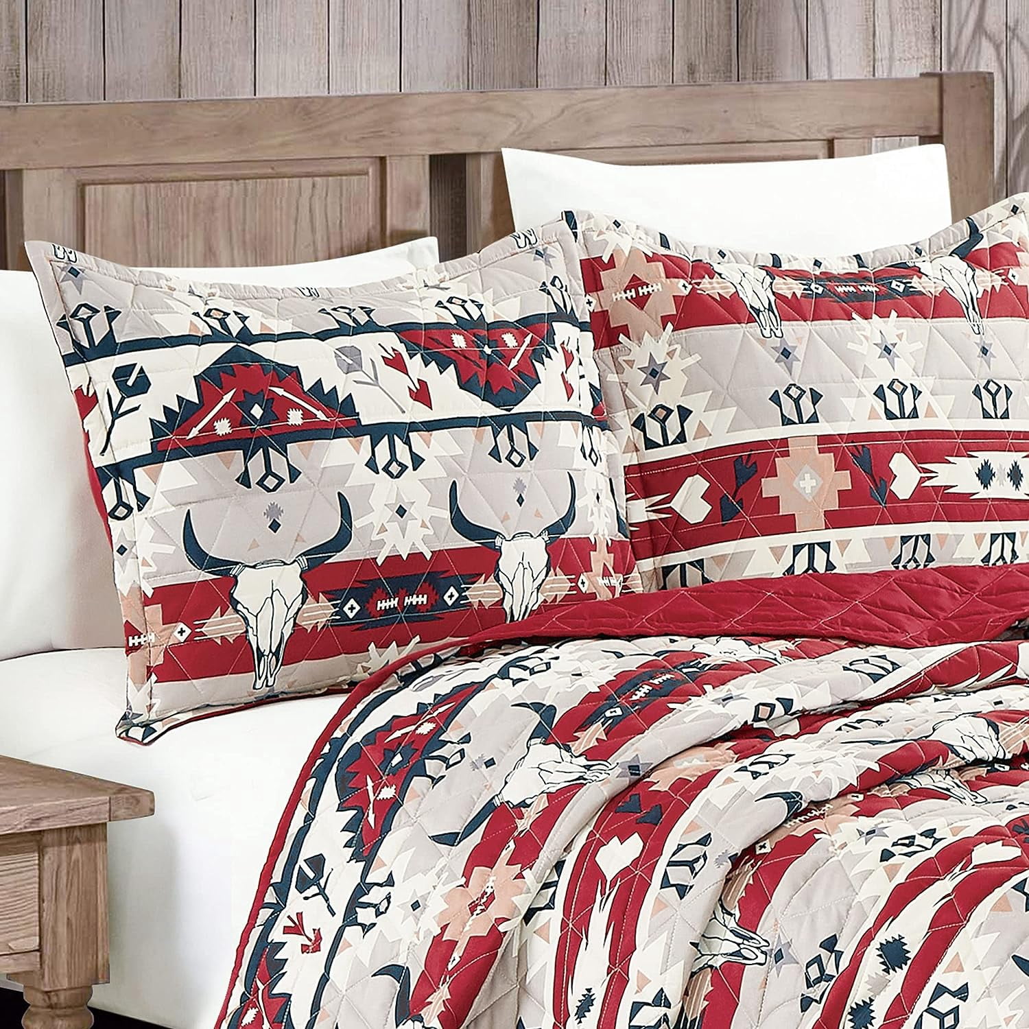 ESCA 3-Piece Red Blue Buffalo Bull Skull Southwestern Mazhira Quilt Set - Queen