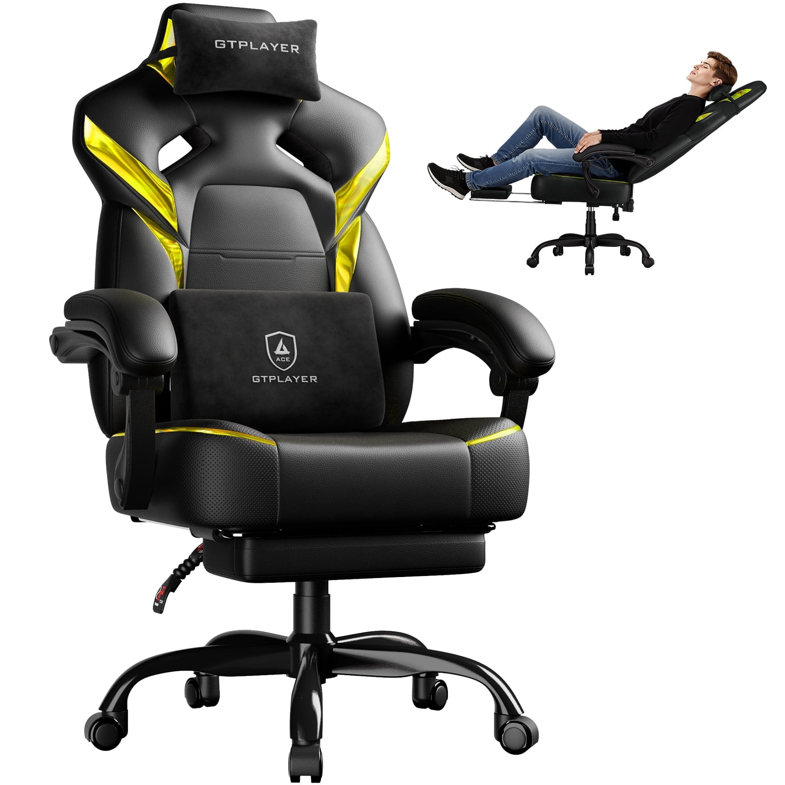 GTPLAYER Gaming Chair Office Chair PU Leather with Adjustable Headrest and Lumbar Pillow, Yellow