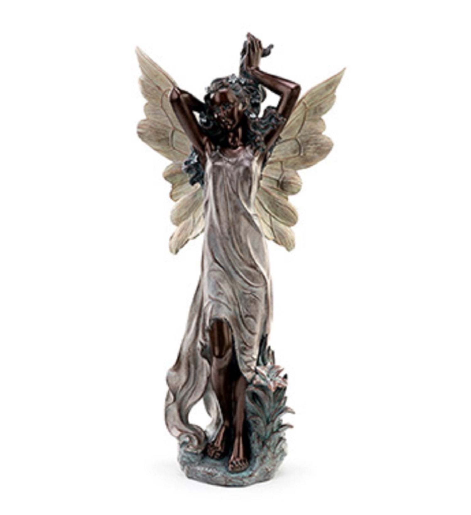 Napco Imports Bronze Standing Fairy Holding Her Hair Statue With Lily 14304