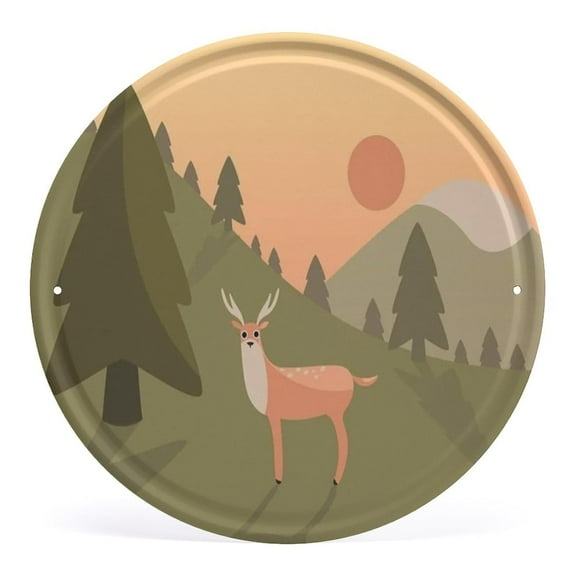 Sunset Mountain Deer Super durable Vintage Metal Sign Round Tin Sign Garden Decor Novelty Signs for Home Wall Decoration Kitchen Cafe Bar Wall Art Decor Gift 8"x8"