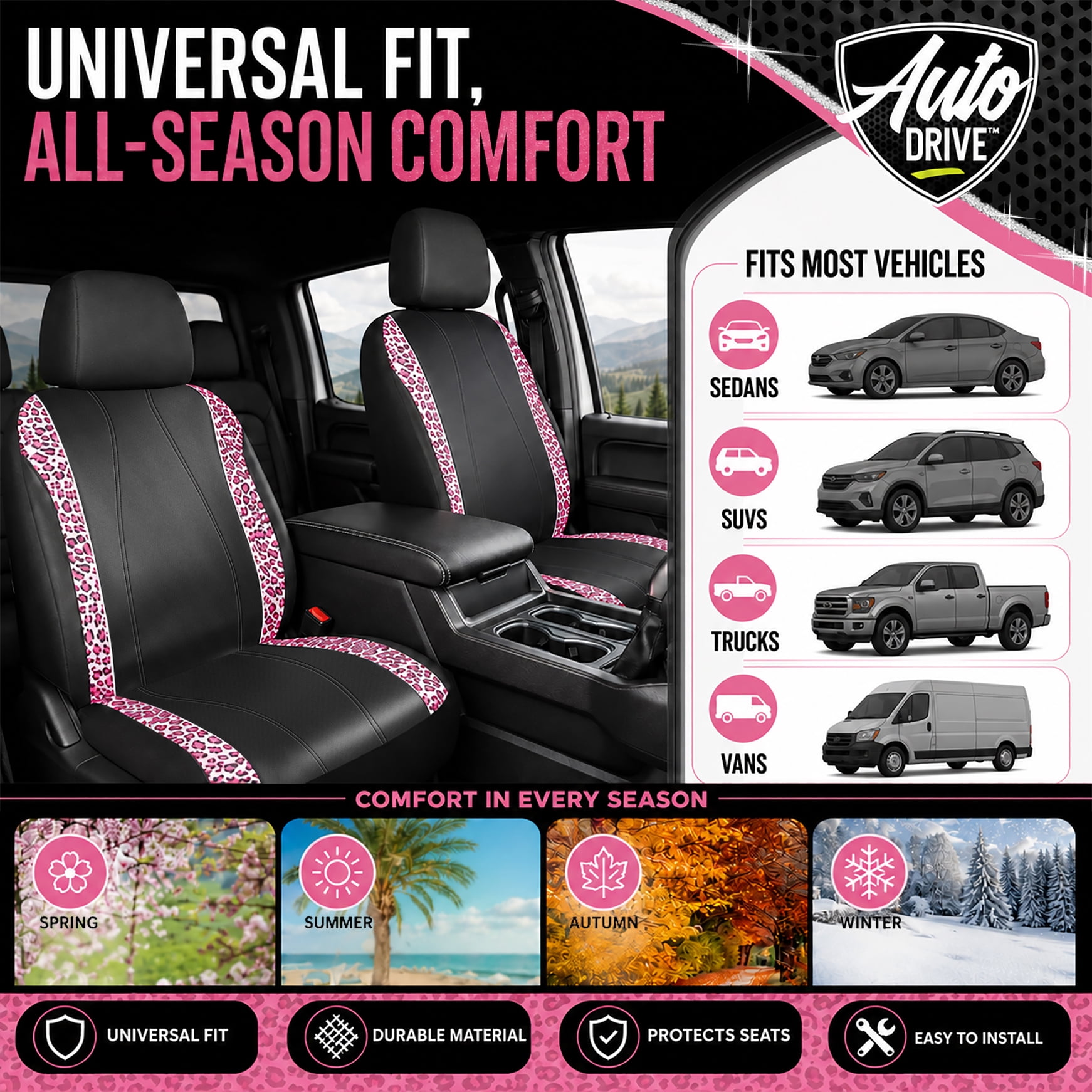Auto Drive Car Seat Covers, Pink Leopard Print Car Seat Covers with Rhinestone Trim, Fashion Front Seat Covers, Universal Fit, Airbag Compatible for Cars, SUVs and Trucks.