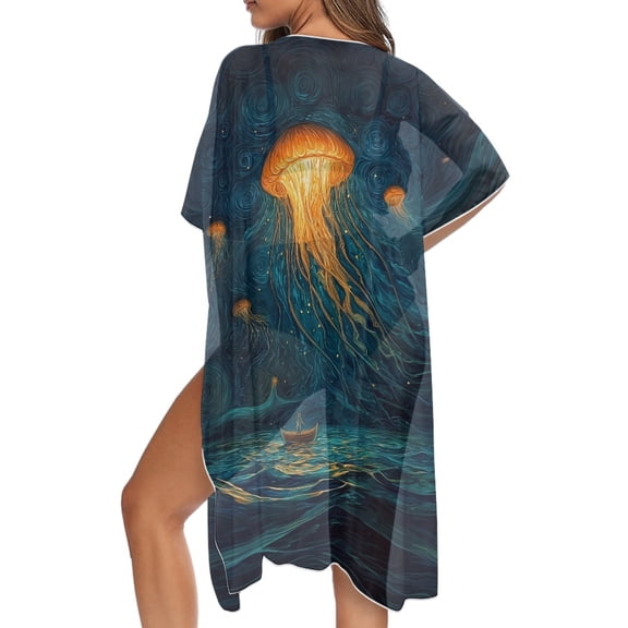 SCRAWLGOD Starry Night Jellyfish Print Swimsuit Cover Up Loose Flowy Swimsuit Coverup Long Breathable Summer Beach Cover Up for Women