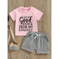 thumbnail image 3 of Hirigin Toddler Baby Girl Summer Clothes 6 12 18 Months 2T 3T 4T Short Sleeve Letter Print Shirt Tops + Solid Color Shorts 2Pcs Outfits Sets, 3 of 8