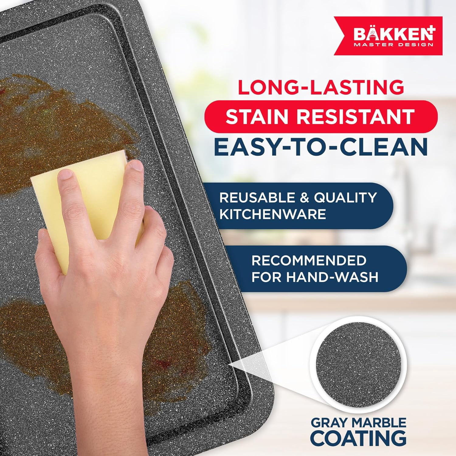 Bakken- Swiss 3-Piece Kitchen Baking Pan Set - Commercial Grade Carbon Steel Bakeware with Nonstick Coating, Stackable and Space-Saving Design, Oven Safe Tray (up to 450°F), Gray Marble