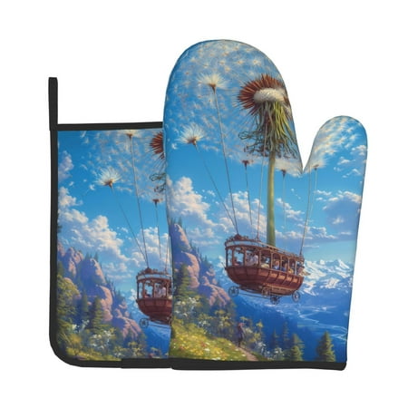 

Xecao Dandelion Hot Air Balloon Pattern Oven Mitts and Pot Holders Sets Heat Resistant Silicone Oven Mittens Extra Thicken Long Kitchen Cotton Oven Glove for Cooking