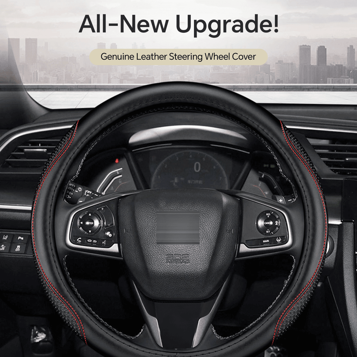Customized Auto Leather Car Steering Wheel Cover for Honda Civic, CR-Z, Insight, S2000, 14" - 14.25" (Black+Red Line-Small Size)